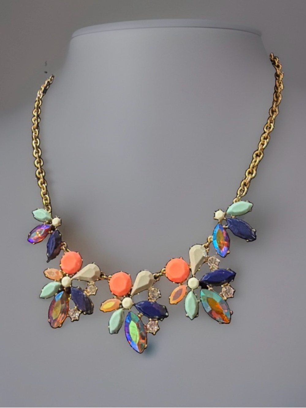 J Crew 20” Vtg Floral Multicolor Statement Necklace - Gold Tone